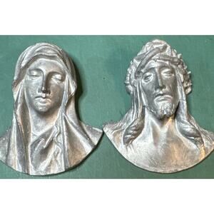 Virgin Mary & Jesus 3D Pewter Figural Head Bust Wall Plaque Set 4.5” T x 4” W